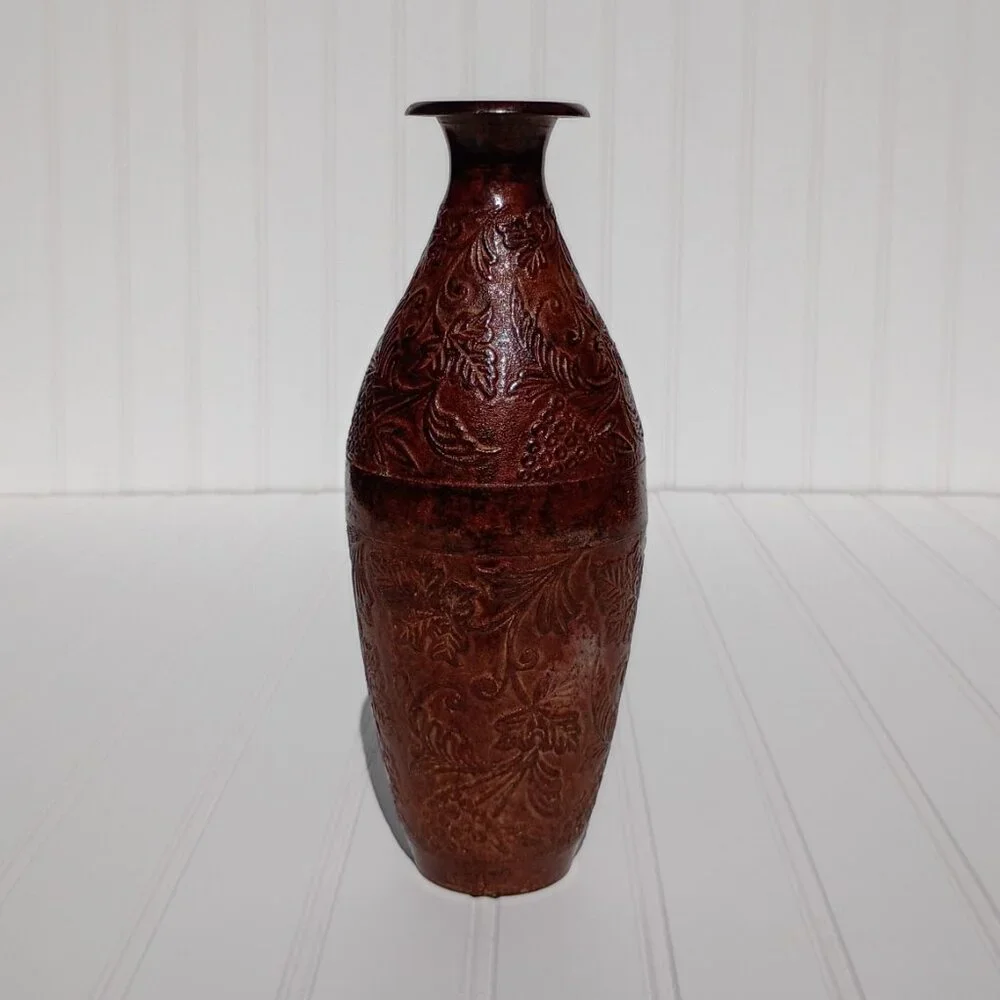 Vtg Cast Bronze Vase Grape & Vine Embossed Bottle Mid-Century Verdigris 9.75